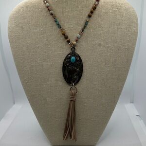 Southwest Boho Beaded Necklace with Turquoise Accent & Suede Tassels